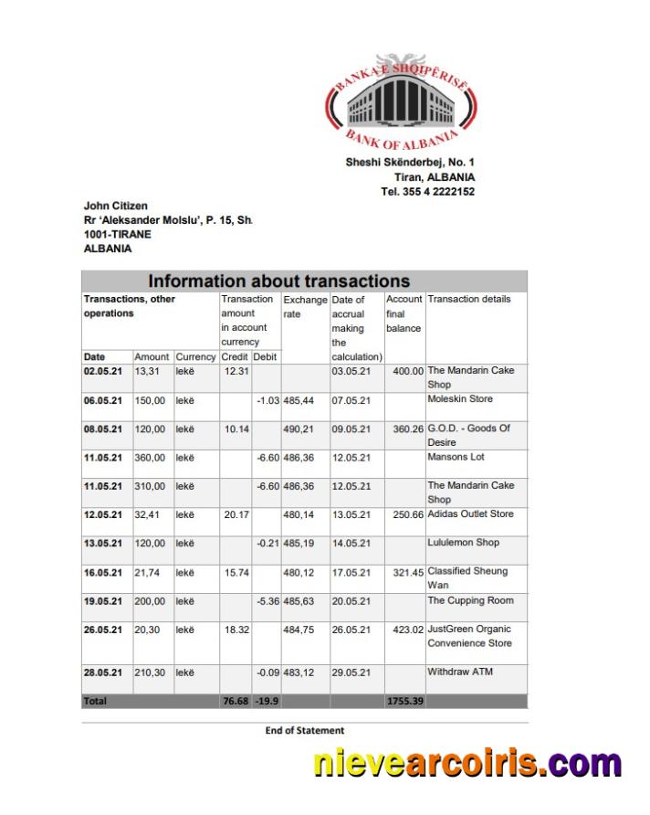 Albania Bank of Albania bank statement in Excel an PDF format